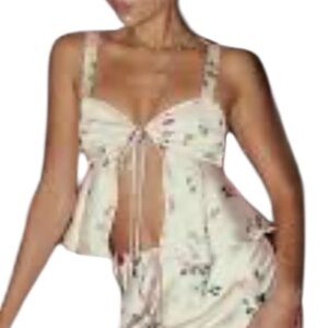 PRINCESS POLLY Alegria Floral Top Cream Rose Satin Tie Front Size 2